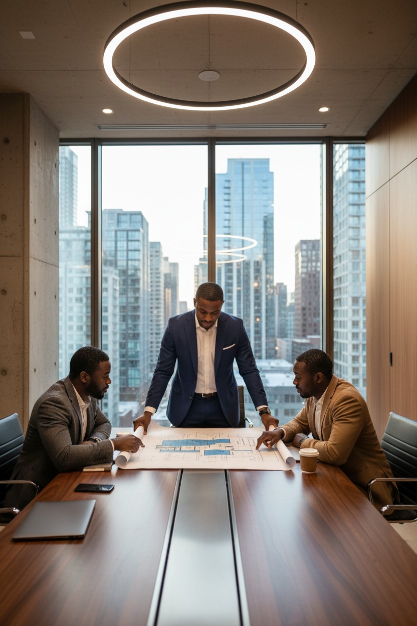 Three Black businessmen review architectural blueprints on a large wooden conference table in a high-rise office with a city view.
