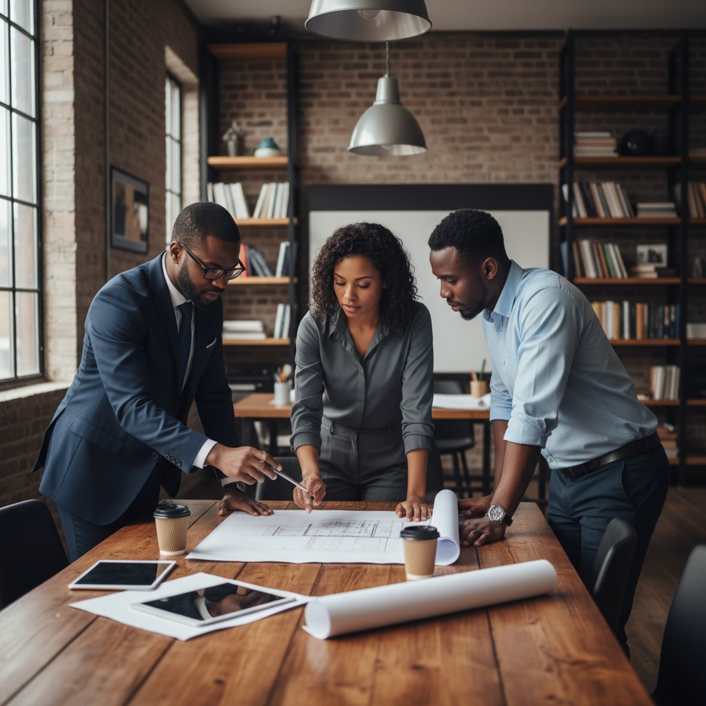 Three colleagues gather around a wooden table to review blueprints spread out before them in a modern office.