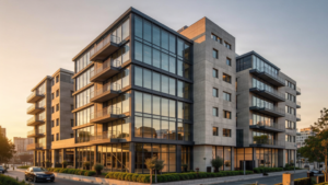 Contemporary luxury building in a modern African urban setting, architectural hero image.